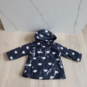 Jacadi‎ Paris Raincoat Girls 24M Navy Cat Print Vinyl Hooded Waterproof Jacket